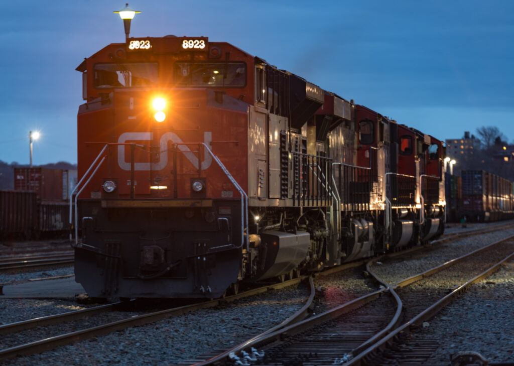 Four CN Rail diesel locomotives prepare to depart the Rockingham station.
